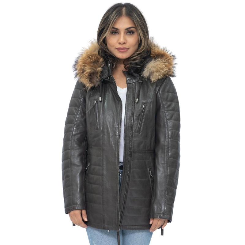 Womens Brown Quilted Leather Long Parka Jacket