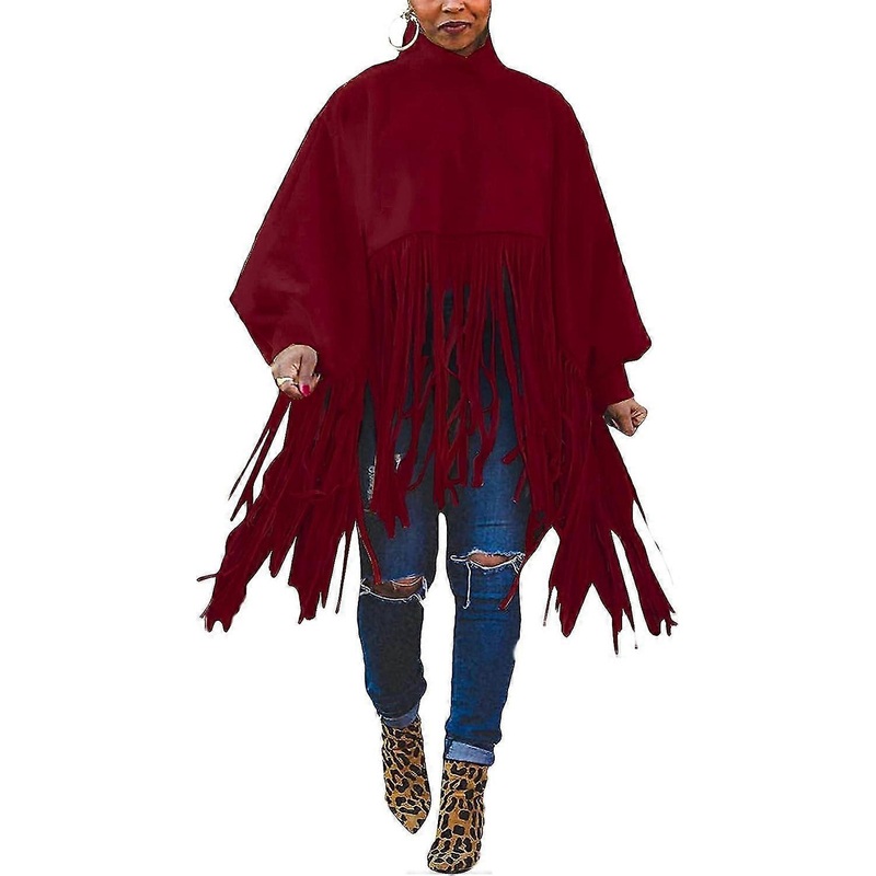 Womens Turtleneck Fringe Tops Solid Color Batwing Sleeve Plus Size Poncho Oversized Tassel Sweatshirt