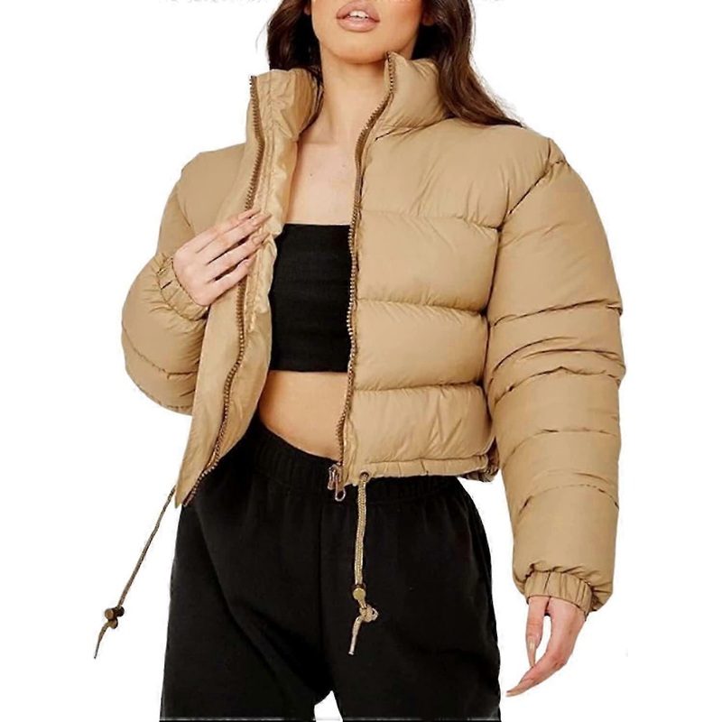 Womens Cropped Zip Up Puffer Jacket Drawstring Long Sleeve Winter Warm Short Quilted Coat Outerwear
