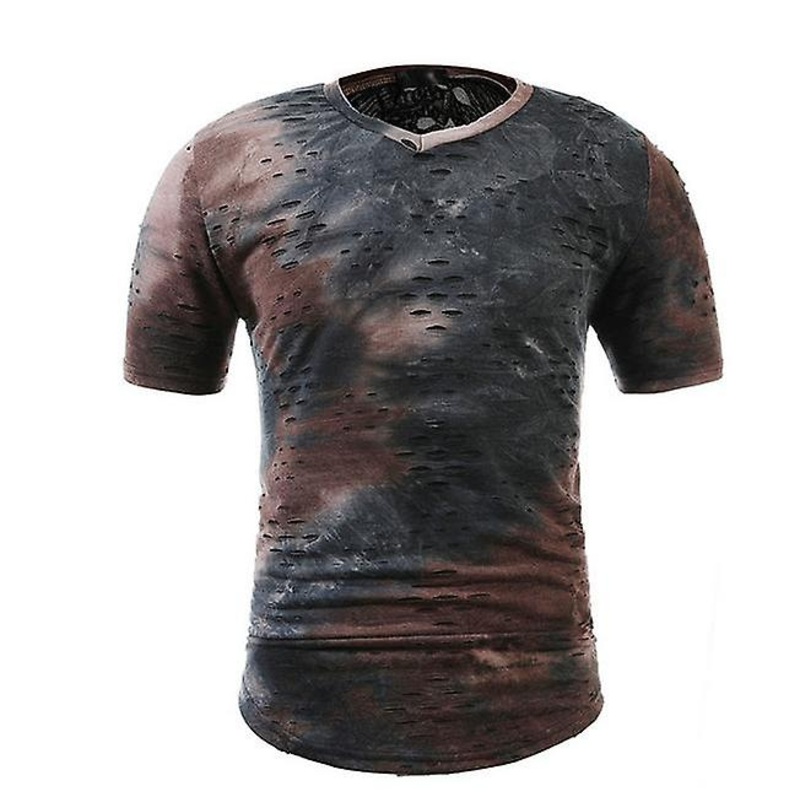2022 Men’s Ripped Short Sleeve Ins Tie-dye V-neck Casual Sport T-shirt