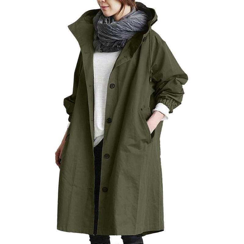 Windbreaker Damen Trenchcoat Langer Mantel 3XL Winddicht Kapuzenjacke Einfarbig Army Grn bergangsmantel mit Taschen