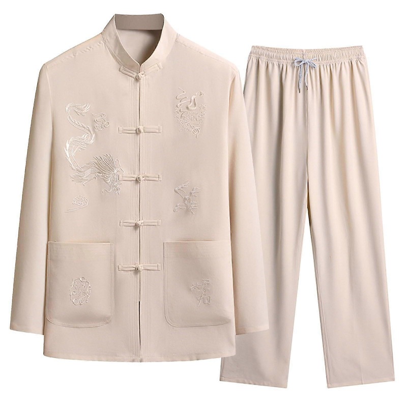 Three-Piece Costume Men’s Linen Suit Jogging Outfit Traditional Kung Fu Uniform Set XXL Beige