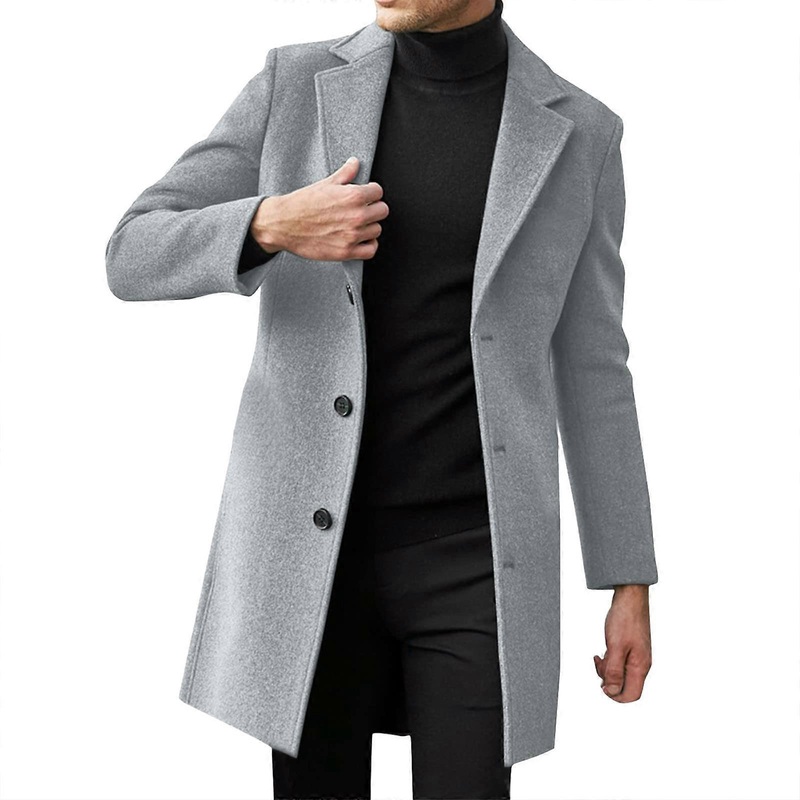 Trench Coat Men’s Long Winter Wool Coat StandUp Collar Vintage Jacket 3XL Gray