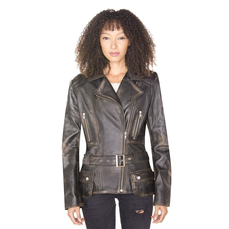 Womens Vintage Black Long Classic Leather Biker Jacket
