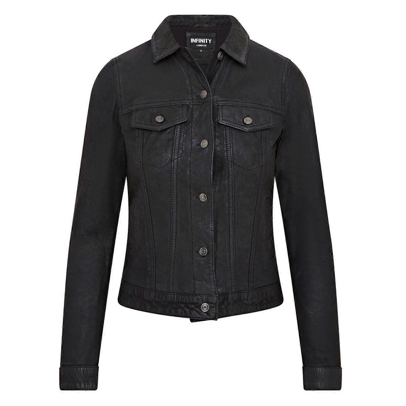Womens Black Leather Trucker Jeans Jacket