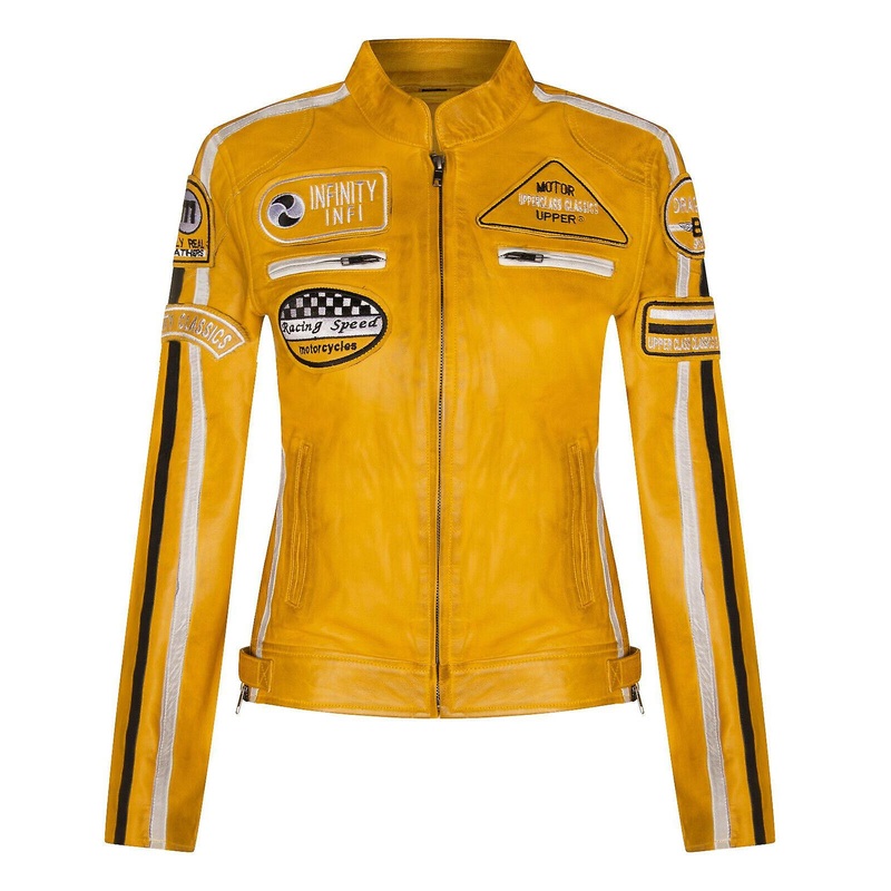 Womens Yellow Leather Biker Casual Racing Moto Badges Jacket