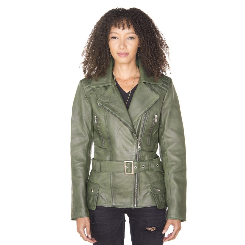 Womens Green Long Classic Leather Biker Jacket