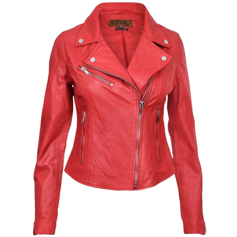 Womens Red Leather Classic Biker Brando Jacket-Baku