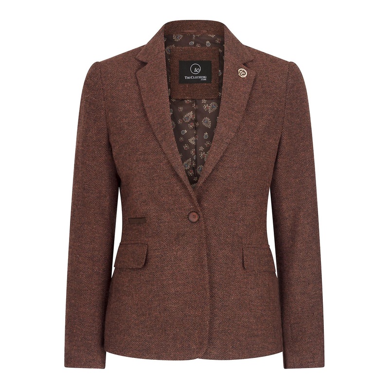 Women Blazer Tweed Herringbone Wool Classic Smart Casual Vintage