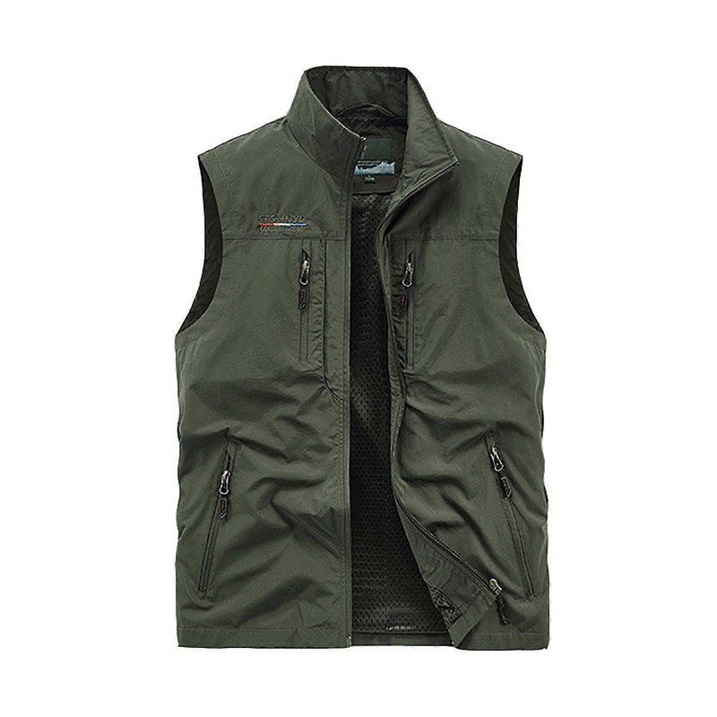 Men’s Fleece Vest Jacket 3XL Green Lightweight Thermal Windproof Sleeveless Camping Photography Vest with Multi-Pocket Design