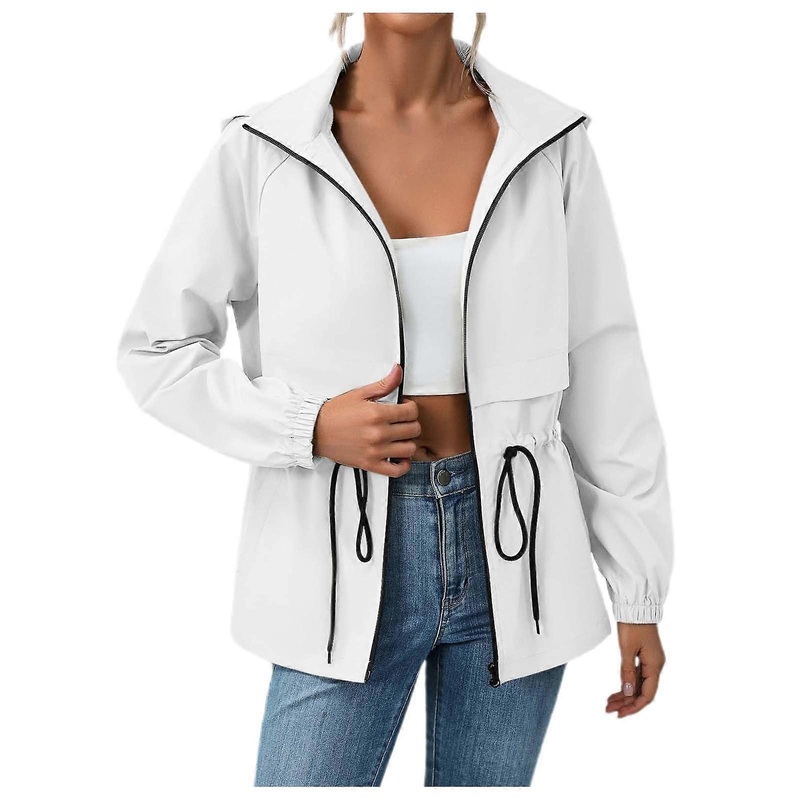 Women’s Breathable Windbreaker Rain Jacket, Spring Cycling Raincoat, Long Lined Rain Parka, Large Sizes, Plain White, Size M
