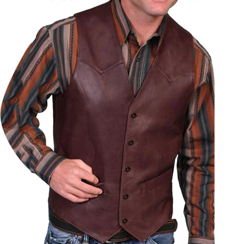 Men’s Leather Vest V-Neck Vintage Casual Soft PU Slim Fit Motorcycle Biker Vest Single Breasted Gilet Brown Size M