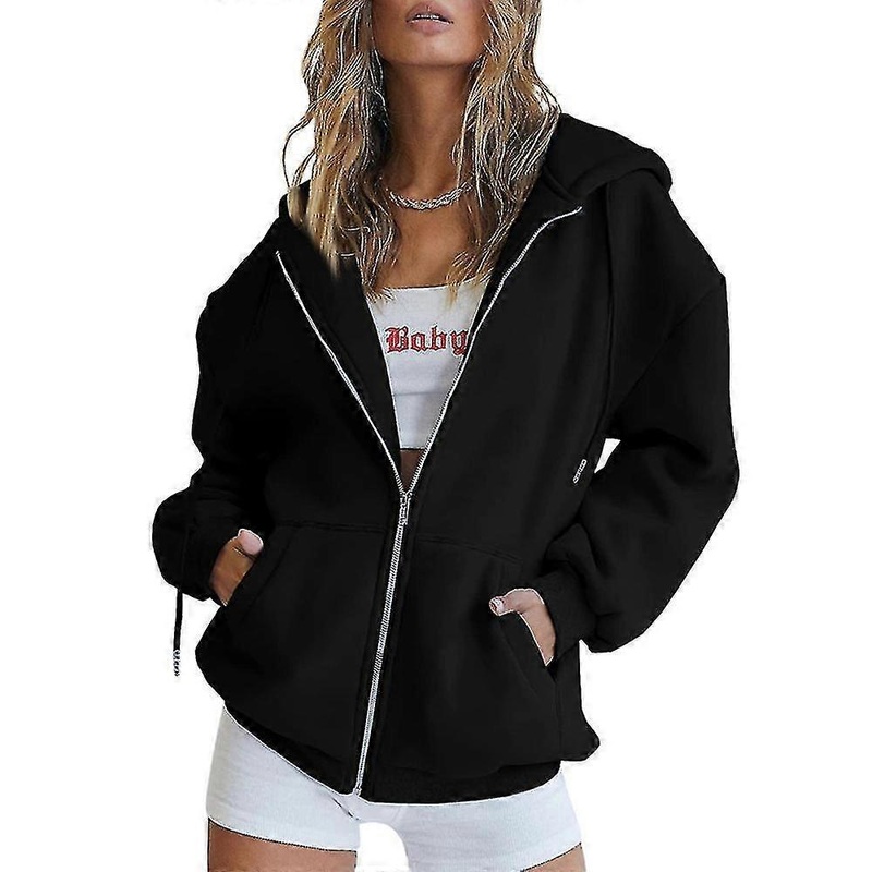 Women Casual Loose Hooded Coat Long Sleeve Loose Full Zip Drawstring Hoodies Jacket