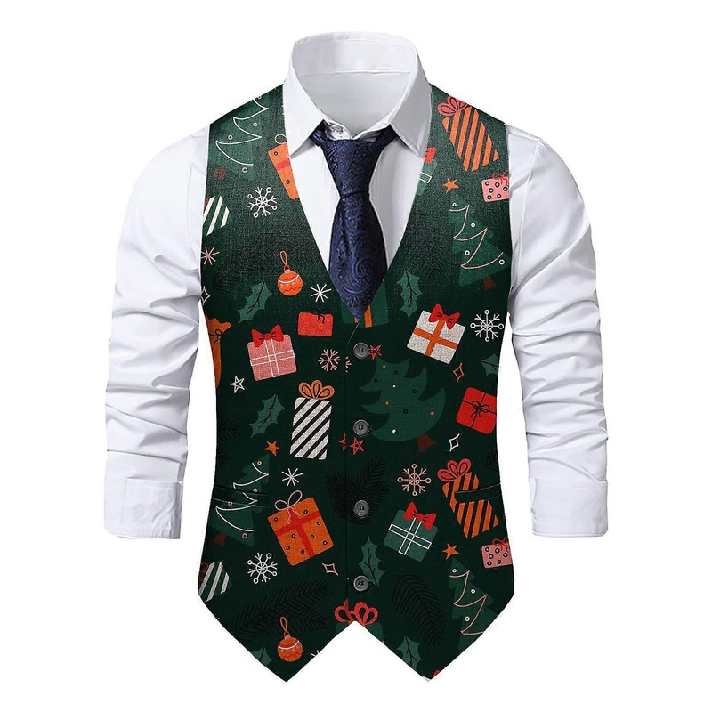 Christmas Vest Men’s Sleeveless Slim Fit Herringbone V Neck Suit Vest for Santa Claus Party and Weddings, Size 3XL