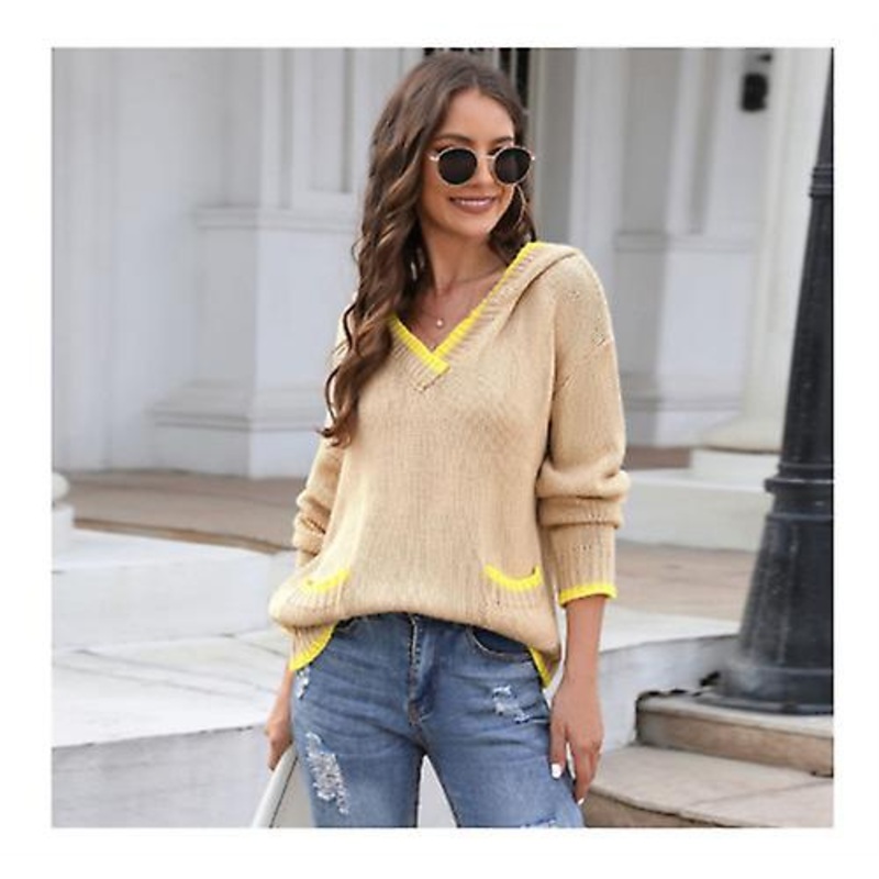 2022 Autumn And Winter New Arrival Fashion Casual Hooded Sweater Young Girl Upper V-neck Design Knitted Sweater Long Sleeves With Pockets For Women