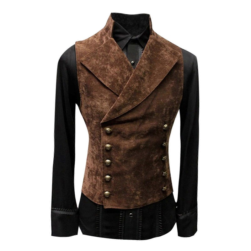 Men’s Gothic Steampunk Lapel Vest Vintage StandUp Collar Retro VNeck Brown Size M Slim Fit Sleeveless ButtonDown