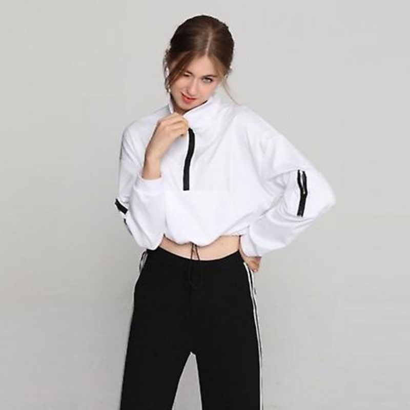 Zipper Drawstring Pocket Long Sleeve  Blouse