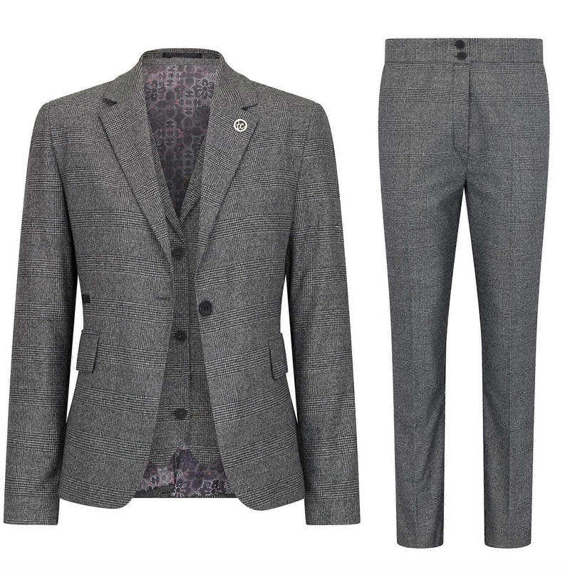 Women’s Grey Three-Piece Tailored Fit Suit in Prince of Wales Check