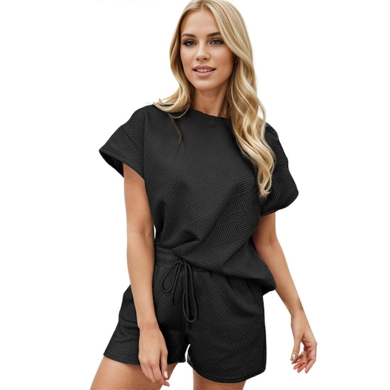 Women’s Knitted Hooded Jacket with Large Sleeves, Casual Solid Color Drawstring Two-Piece Pajama Set in Black, Size S