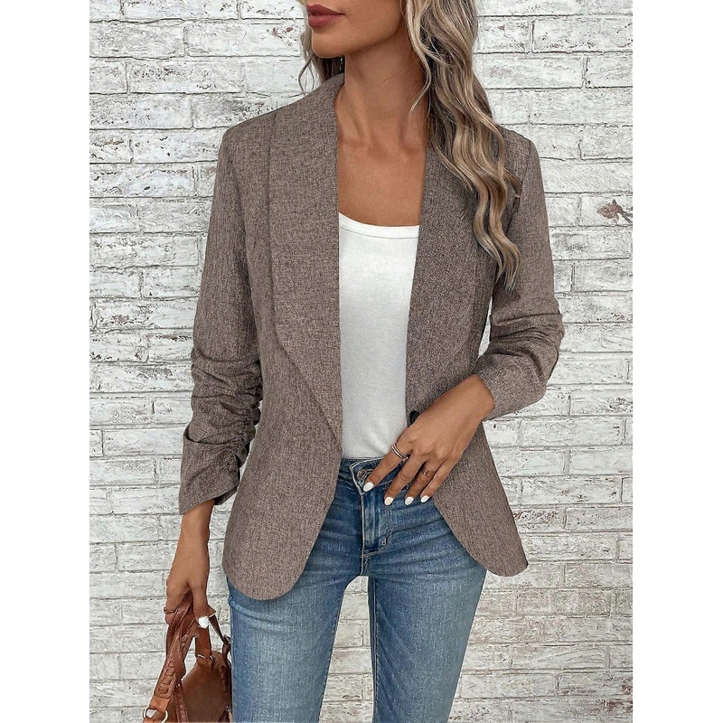 Women’s Solid Color Draped Collar Ruched Long Sleeve Casual Office Blazer Jacket, Autumn