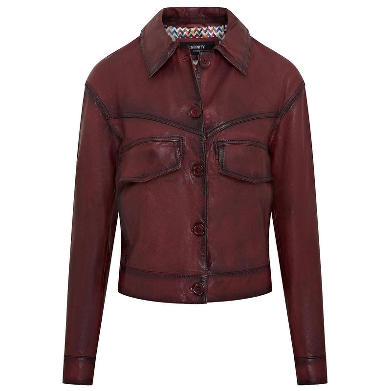 Womens Red Vintage Classic Lamb Leather Collared Biker Jacket