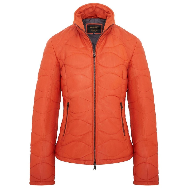 Womens Orange Puffer Warm Quilted Leather Bomber Jacket