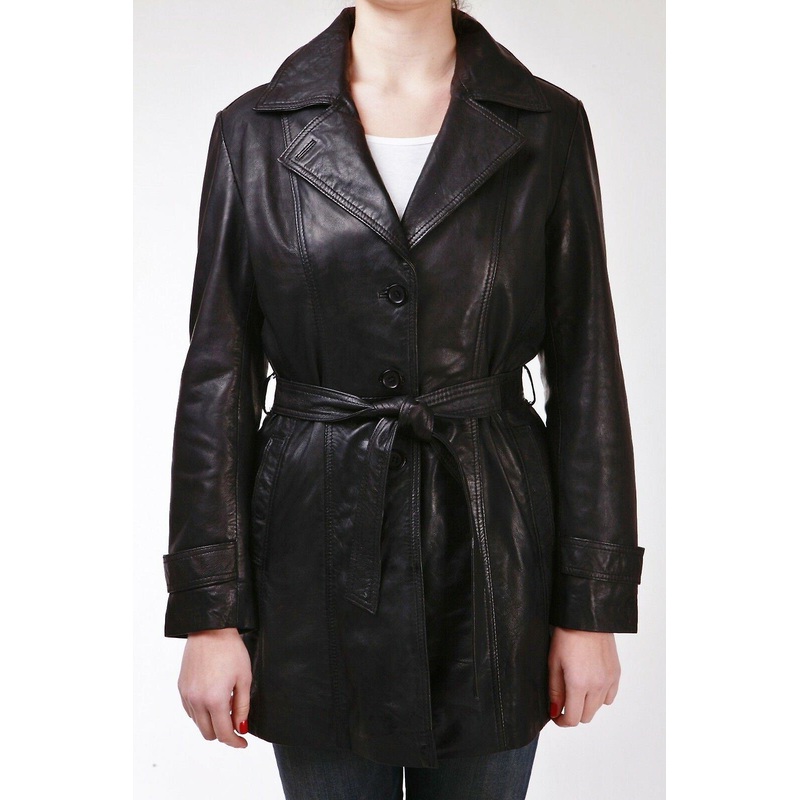 Trench Ladies Black Mid-Length Soft Leather Coat
