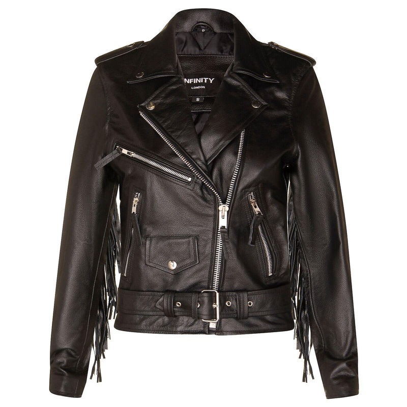 Women’s Black FRINGE Leather Brando TASSELED Motorcycle Cow Hide Biker Jacket