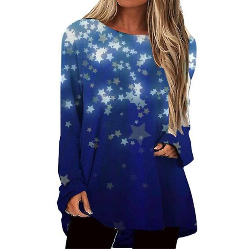 2022 Women’s Romantic Starry Sky Round Neck Long-sleeved Printed T-shirt Loose Urban Casual Long-sleeved Top