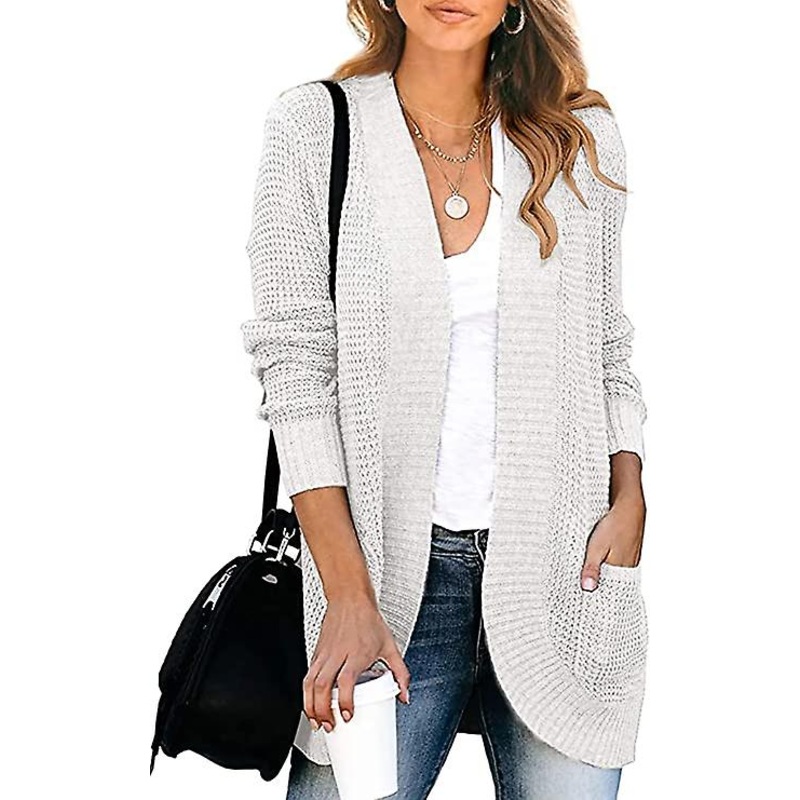 Womens Open Front Cardigan Long Sleeve Knitted Soft Sweater Loose Lightweight Slouchy Coat with Pockets
