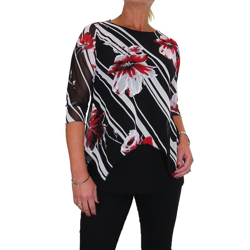 icecoolfashion Women’s Round Neck Floral Print Mesh Overlay Top Blouse